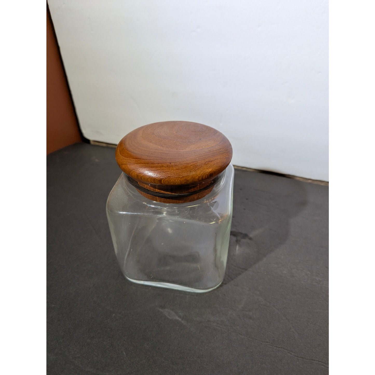 Vintage MCM Clear Glass Canister with Teak Sealed Lid 5" apothecary storage