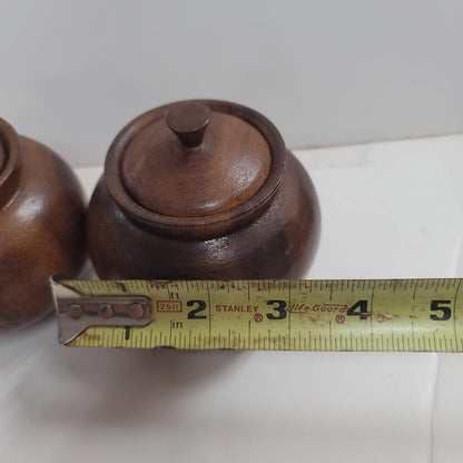 Pair of lidded condiment pots Wood Vintage MCM Mustard 1960s Round