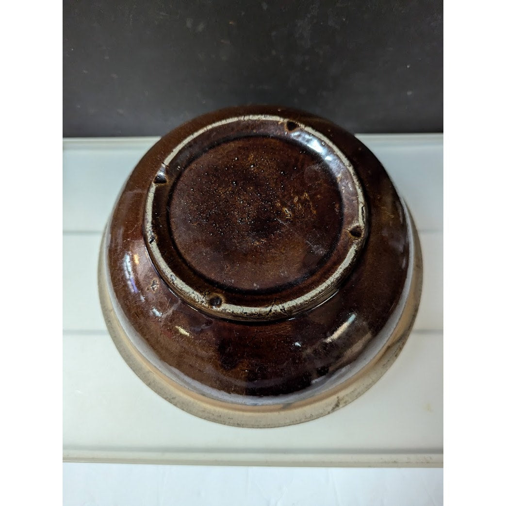 Vintage Brown Salt Glaze Stoneware Mixing Bowl 8.5” slotted rimmed bottom