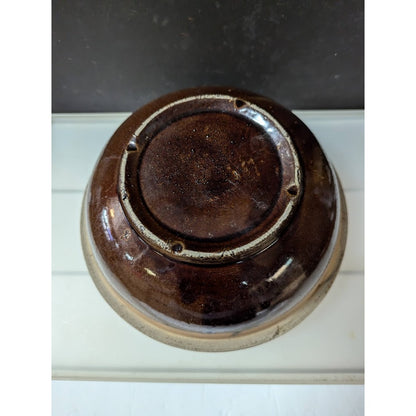 Vintage Brown Salt Glaze Stoneware Mixing Bowl 8.5” slotted rimmed bottom