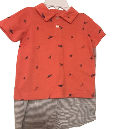 NWT Carters Nine Month Orange Dinosaur Collared Shirt Striped Shorts 2 Pc. Set