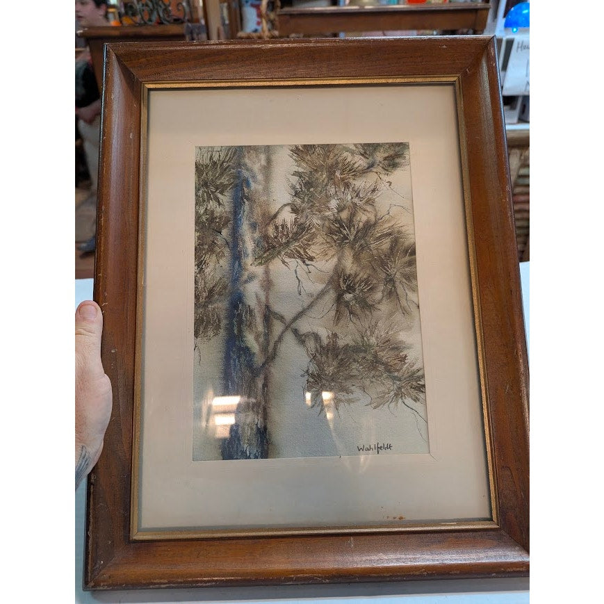 Framed Original Sumi-e Watercolor Pine Tree Landscape Painting Signed Wahlfelt