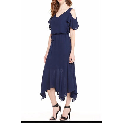 Maggy London Dress Size 6 Navy Blue Cold Shoulder Asymmetrical Ruffle Hem Belted