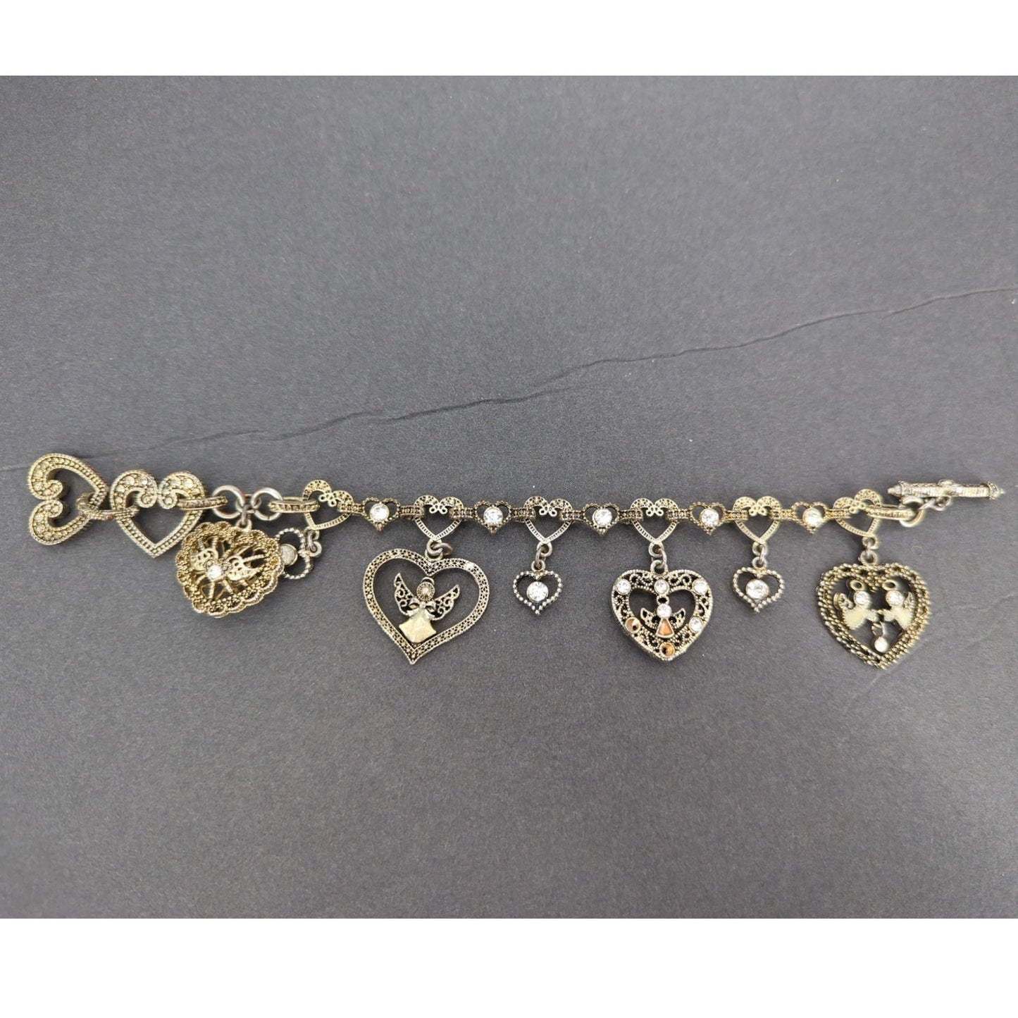 7" Vintage Gold-Tone Filigree Heart & Angels Charm Bracelet Coquette Victorian