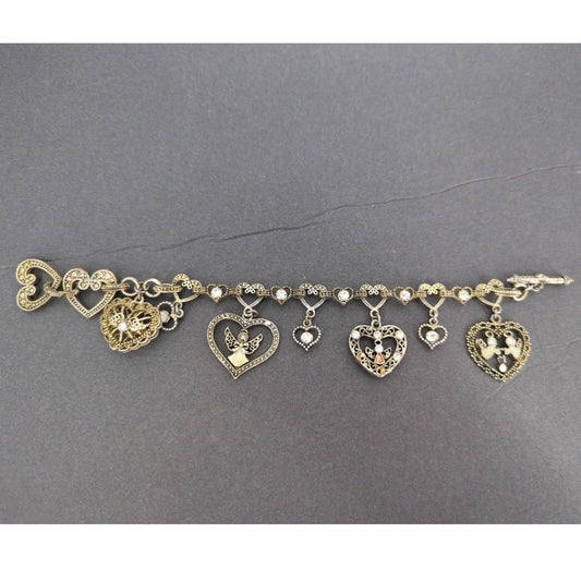 7" Vintage Gold-Tone Filigree Heart & Angels Charm Bracelet Coquette Victorian