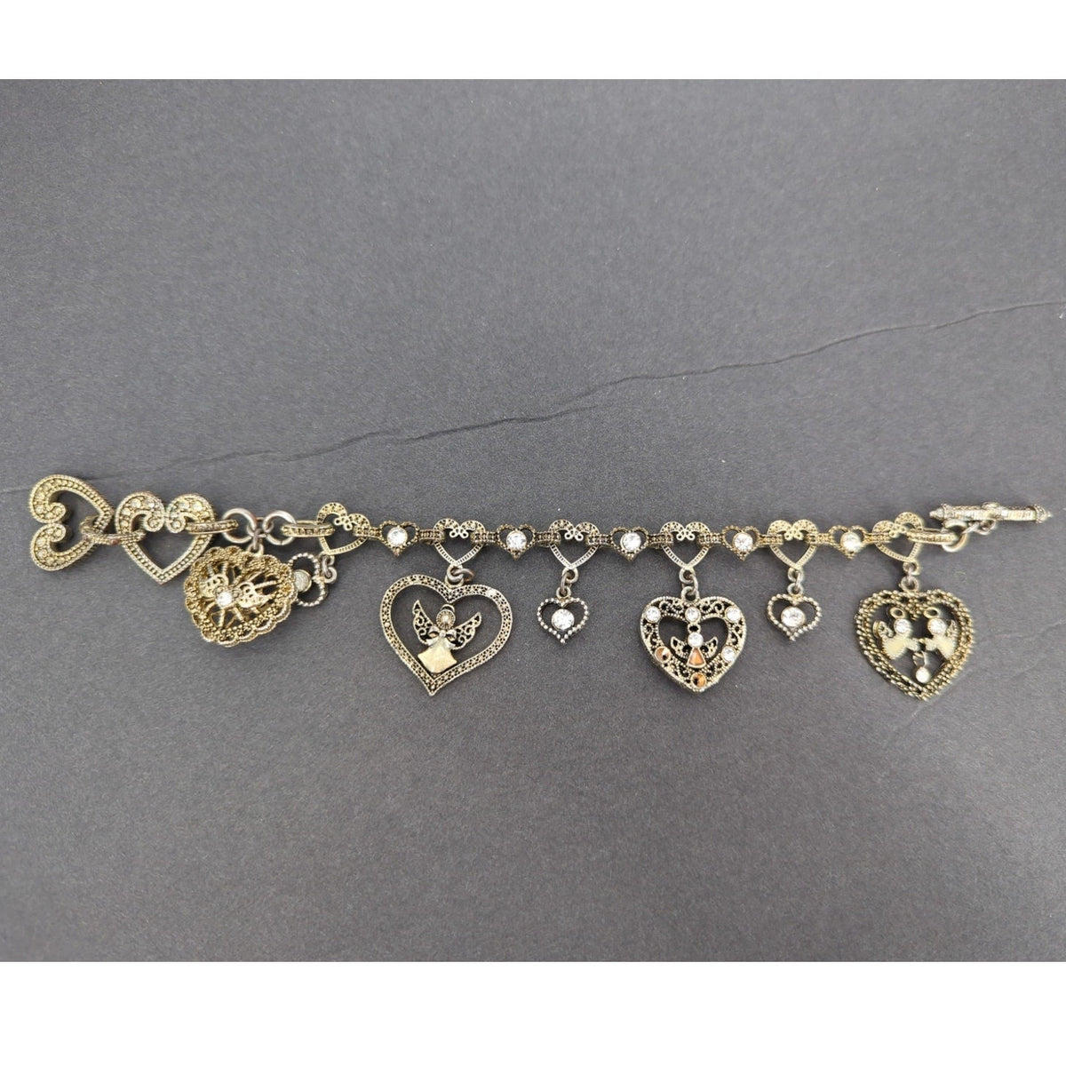 7" Vintage Gold-Tone Filigree Heart & Angels Charm Bracelet Coquette Victorian