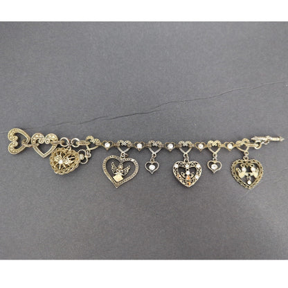 7" Vintage Gold-Tone Filigree Heart & Angels Charm Bracelet Coquette Victorian