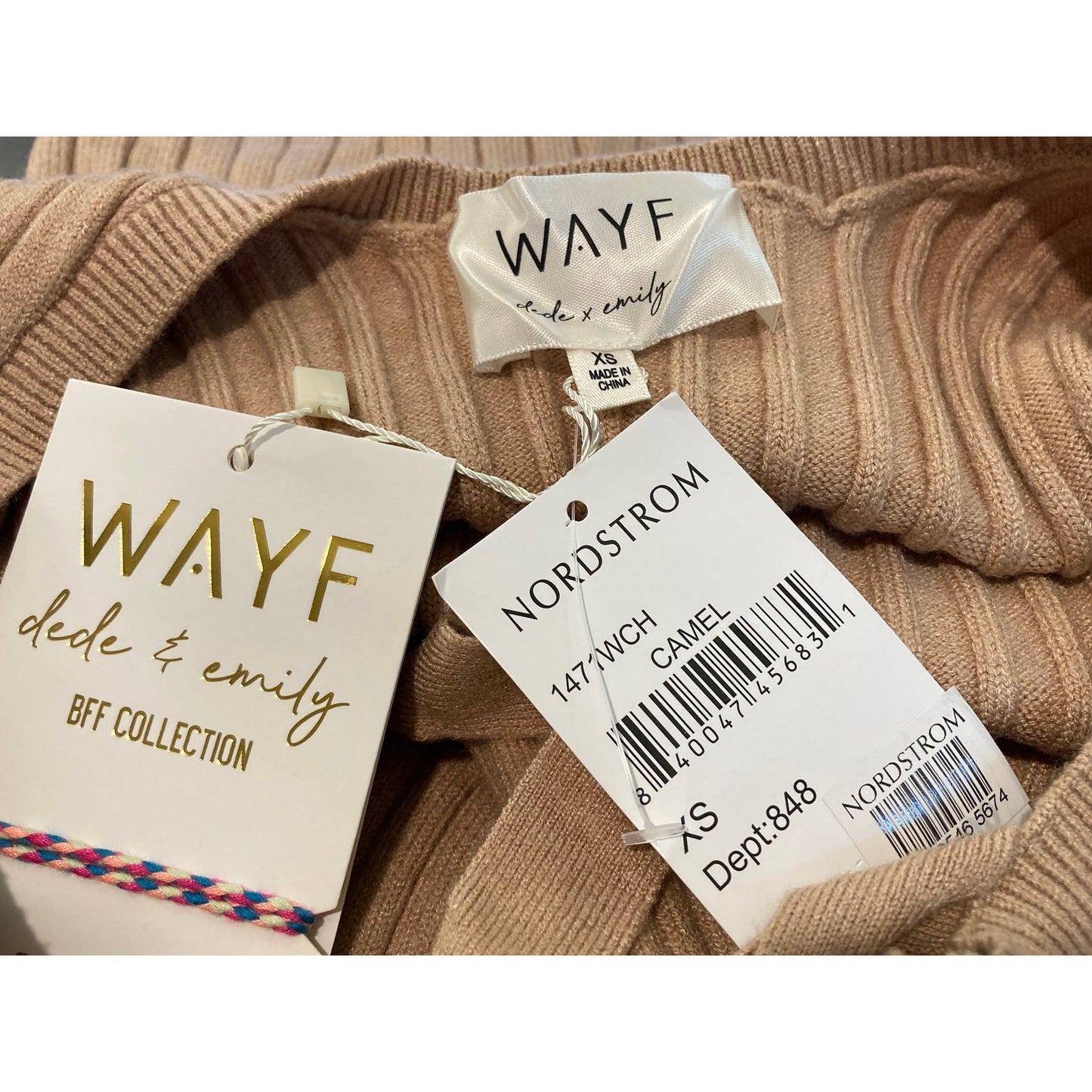 WAYF Dede & Emily BFF Ribbed Hollie Sweater Dress XS/Extra Small Camel Tan NWT