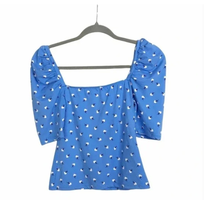 Socialite blue floral puff sleeve square neckline blouse size Small NEW