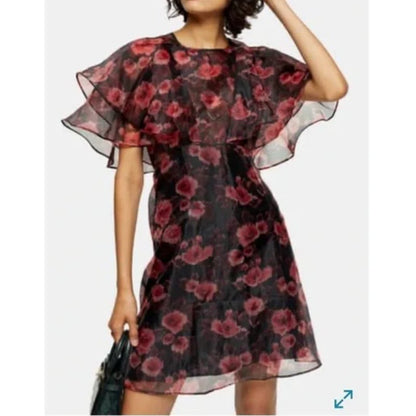 Topshop NEW Organza Size 4 womens MINI flounce Dress Sheer floral Poppies