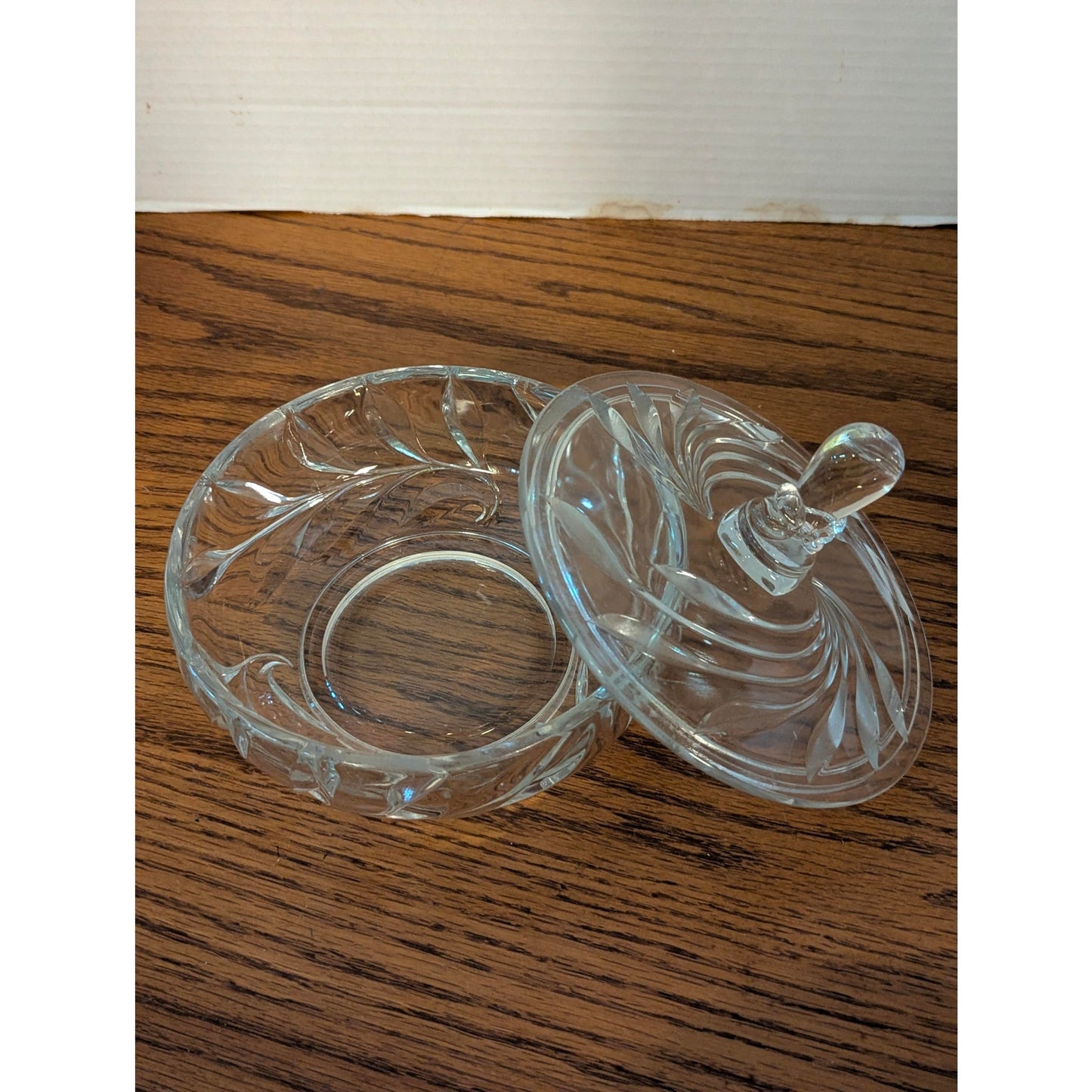Vintage Clear Pressed Glass Candy Dish & Lid Swirl Design Powder Vanity Trinket