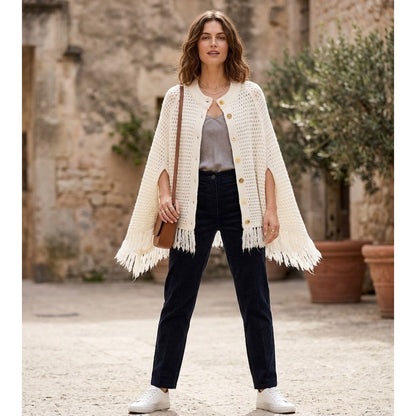 Vintage Women's Ivory Knit Poncho Shawl Cardigan Sweater Round Neck