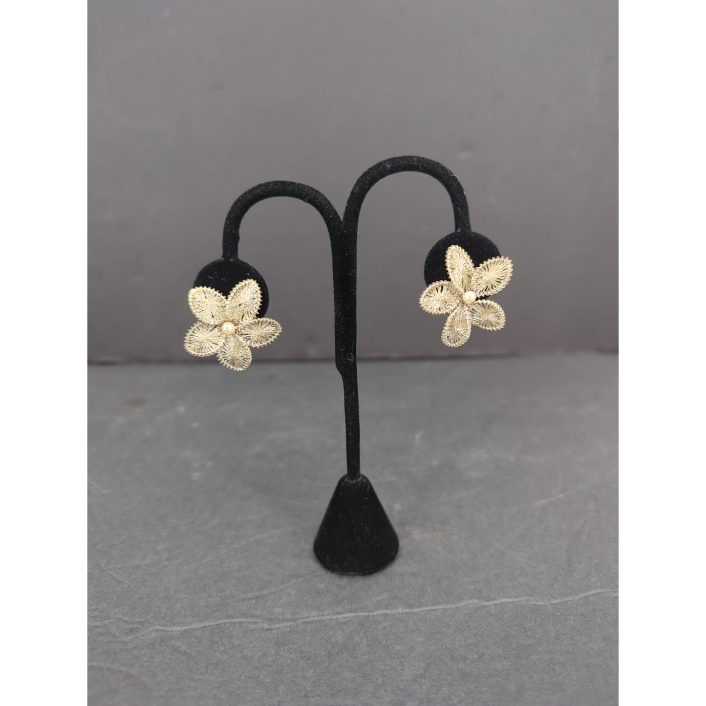 Vintage Gold Flower Clip On Earrings Mid-Century Open Work Textured Retro