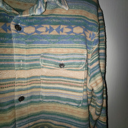 Lucky Brand Men's Green Tan Patterned Shirt Jacket Aztec Button Down LARGE heavy
