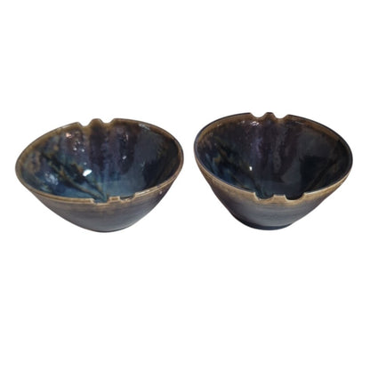 Pair 2 Notched Bowls 7" x 3.5" Blue Brown earthtone Jake Julie Bond Art Pottery