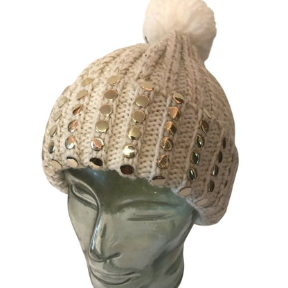 DKNY Flat-Stud Metallic Rib-Knit Beanie Hat PomPom White Gold Sparkles