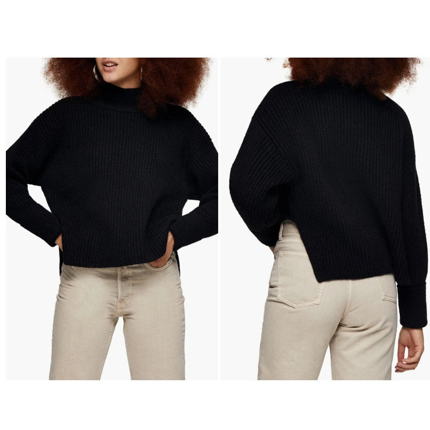 Women's Topshop Mock Neck Crop Sweater Size Medium Black High Low NEW chunky