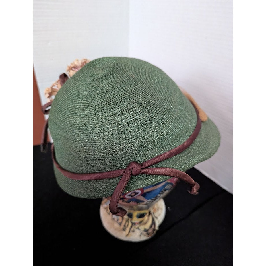 Vintage 40s 50s Forest Green Woven Cloche Bucket Hat Brown Ribbon Floral Trim