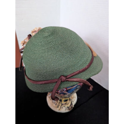 Vintage 40s 50s Forest Green Woven Cloche Bucket Hat Brown Ribbon Floral Trim