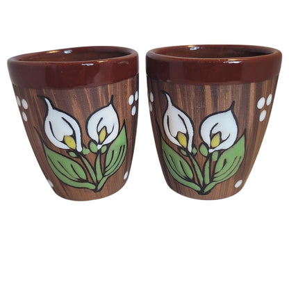 Vintage Calla Lilly Clay Hand Painted Stoneware Talavera Pair Coffee Tea mug cup