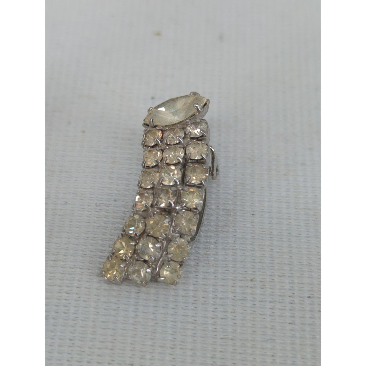 Vintage Art Deco Rhinestone Curved Waterfall Clip On Earrings Mid Century Glam
