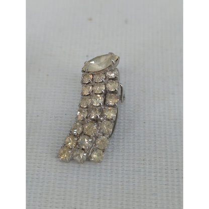 Vintage Art Deco Rhinestone Curved Waterfall Clip On Earrings Mid Century Glam