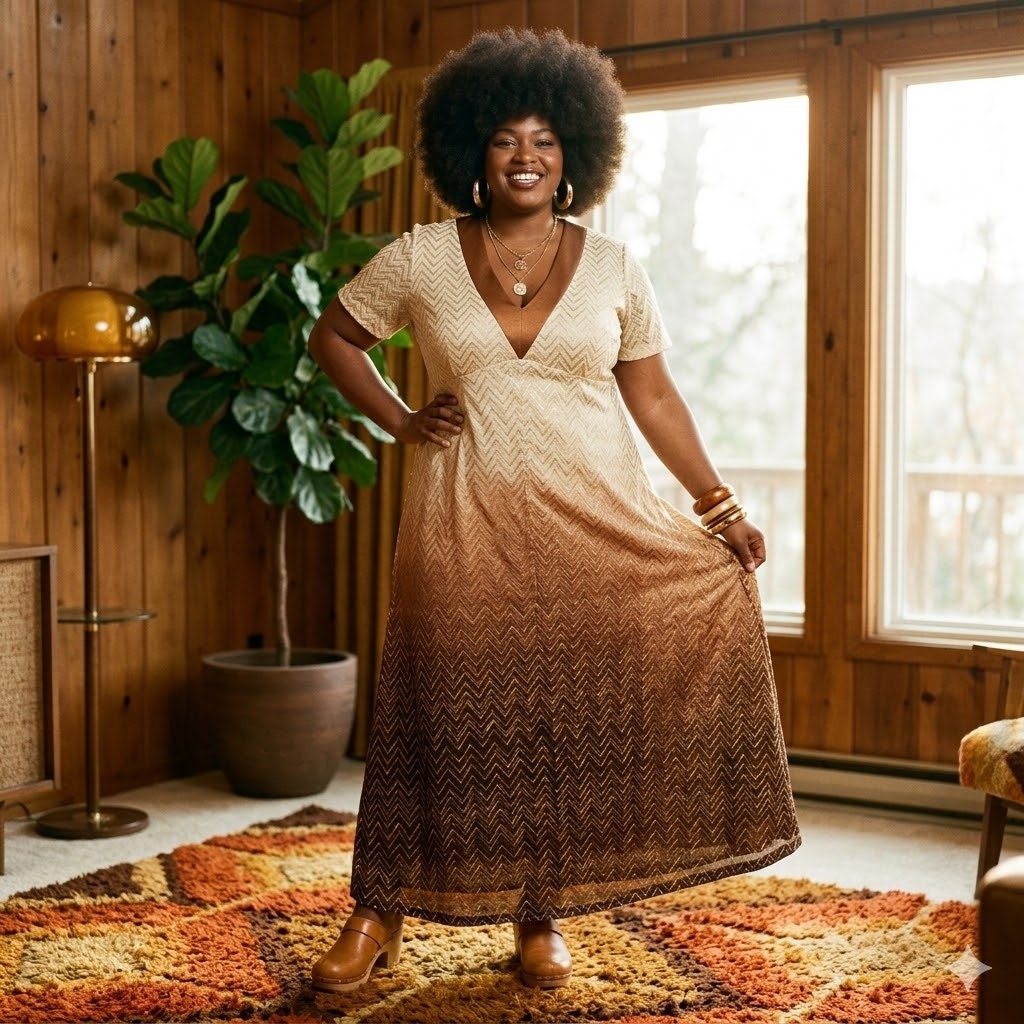 Vintage Handmade Brown Ombre Metallic Chevron Maxi Dress Extra Large XL 1970s