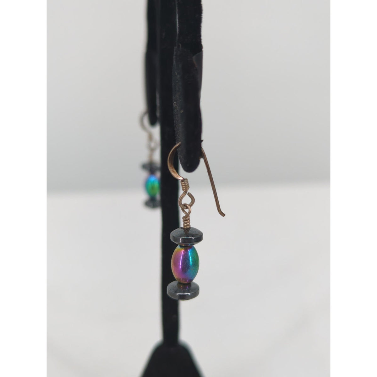 Vintage Iridescent Rainbow Beaded .925 Silver Dangle Earrings Boho Minimalist