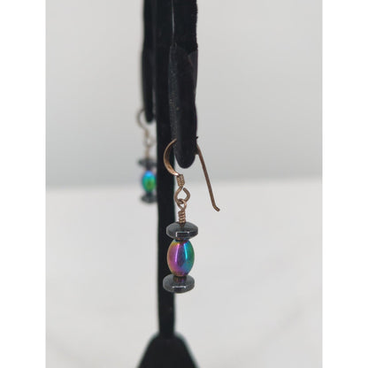 Vintage Iridescent Rainbow Beaded .925 Silver Dangle Earrings Boho Minimalist