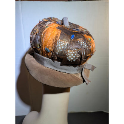 Vintage 50s Sears Fashion Millinery Feather cloche Hat Brown Orange Mid-Century