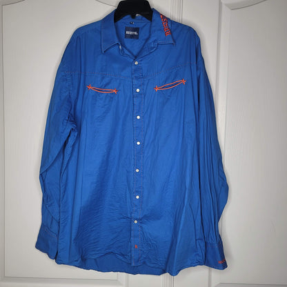 Resistol MEN XL Western Cotton Blue Orange Long Sleeve Cowboy Shirt Pearl snaps