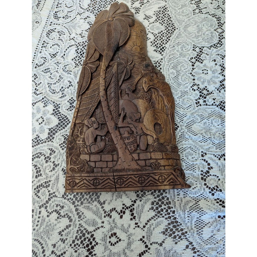 Antique Palauan Storyboard Hand Carved Wood Relief Folk Art Signed Willard Deocr