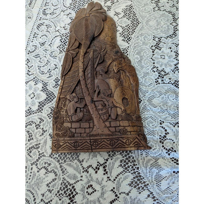 Antique Palauan Storyboard Hand Carved Wood Relief Folk Art Signed Willard Deocr