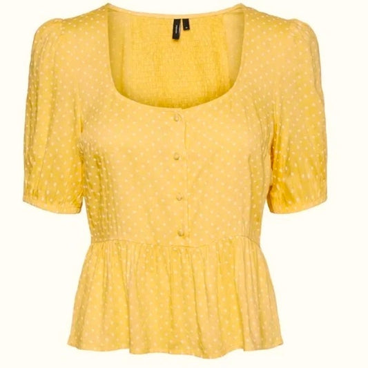 Vero Moda Boho Smocked Button Front Polka Dot Top Sz XL/Extra Large Yellow NWT