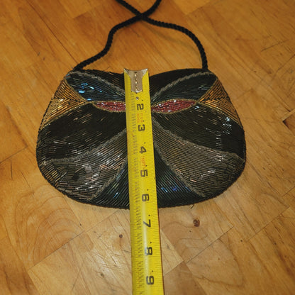Vintage bugle glass beads 80s purse shoulder EVENING bag black gold silver blue