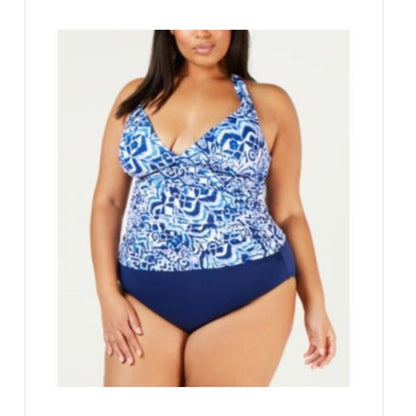 Lauren Ralph Blue Tribal Ikat Halter Tankini Top Size 22W Swimsuit NWT $106