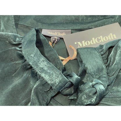 Modcloth V-Neck Satiny Long Sleeve Knot Tie Cuff Blouse Sz Medium in Emerald NWT