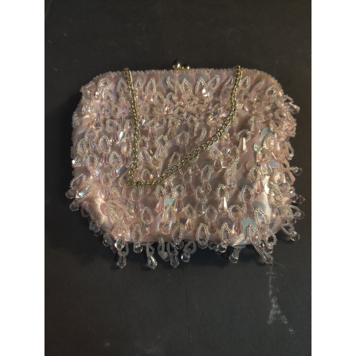 Vintage Pink Sequin Beaded Loop Handbag Party Glamour Y2K Evening Bag