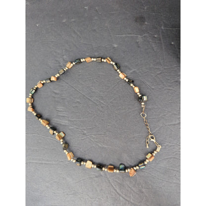 Vintage Earthy Gemstone Bead Gold Tone Bar Station Collar Necklace Boho Chic