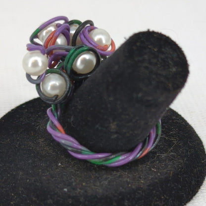 Size 7 Handmade Custom wire and pearl ring cluster Statement Telephone OOAK