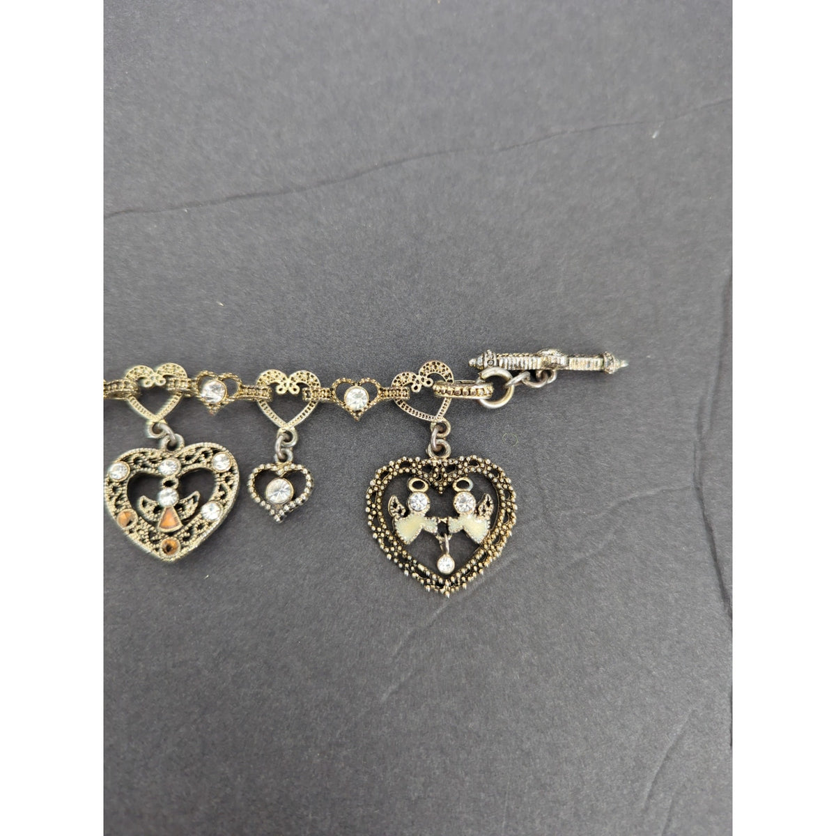 7" Vintage Gold-Tone Filigree Heart & Angels Charm Bracelet Coquette Victorian