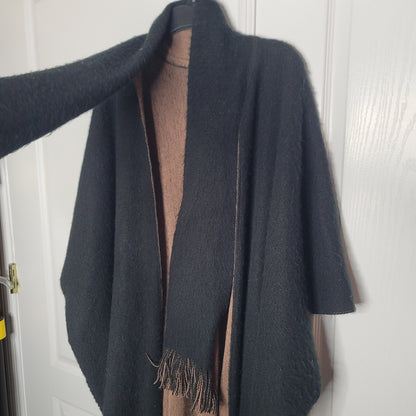 Shawl One Size Black Brown Reversible long Sweater Wrap Fringe Fuzzy Armholes