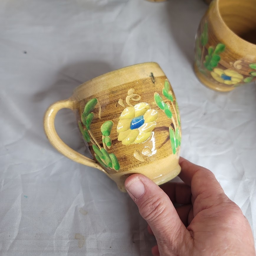 Set of 6 Primitive folk VINTAGE hand painted art pottery mug cup encised flowers