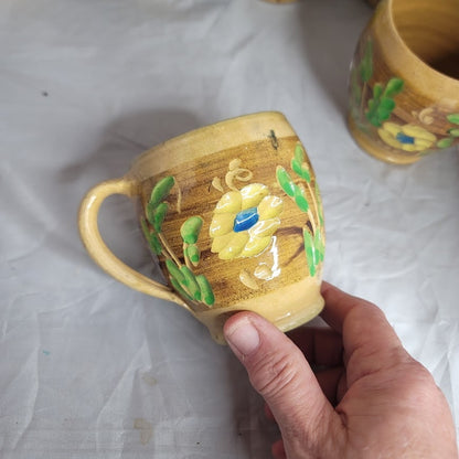 Set of 6 Primitive folk VINTAGE hand painted art pottery mug cup encised flowers