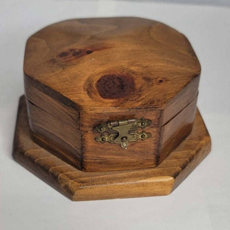 Vintage Pine wood Octagon trinket box stash felt lined 5" with golden closure