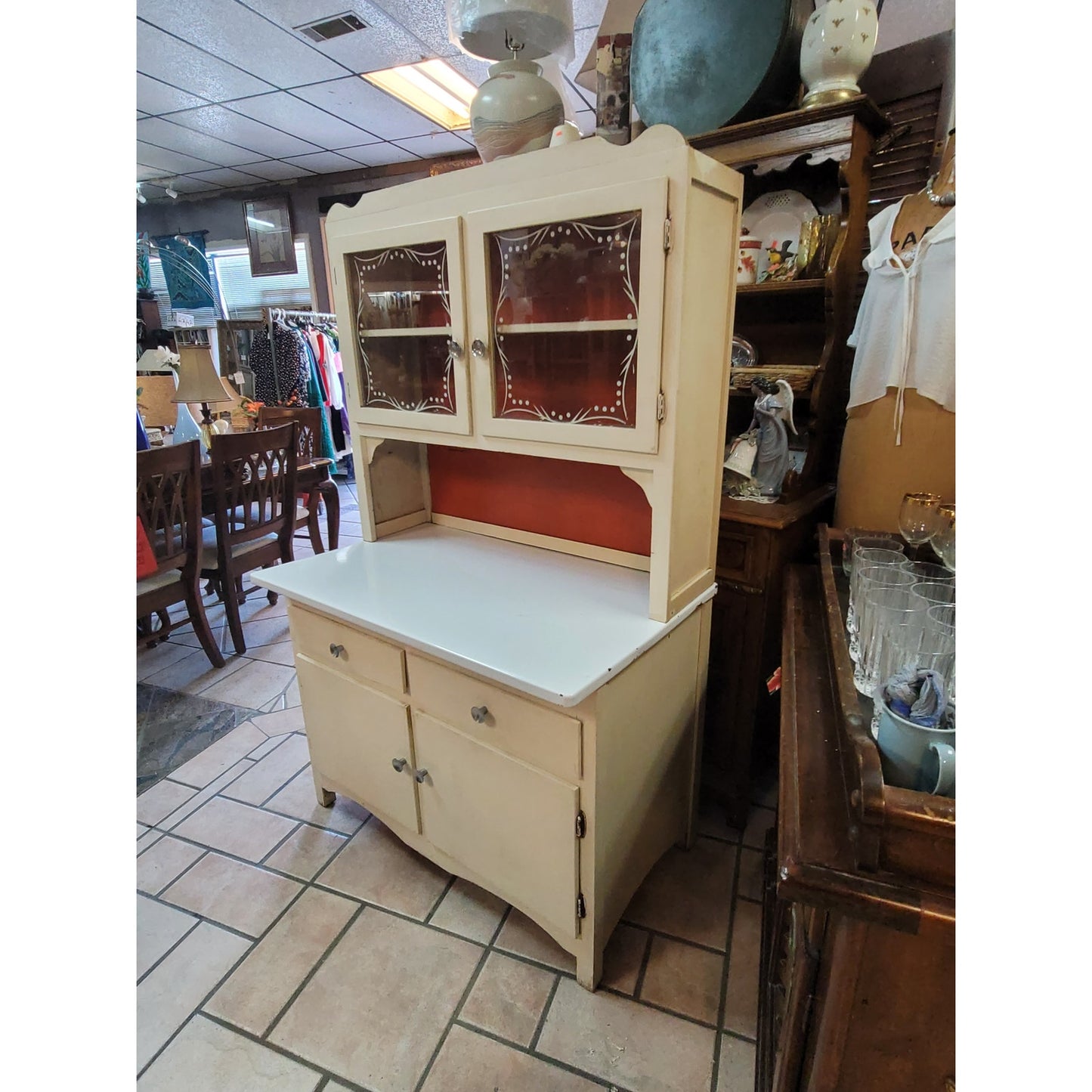 Secondhand Sandies 2 pc. Antique kitchen Hoosier porcelain top cabinet cupboard