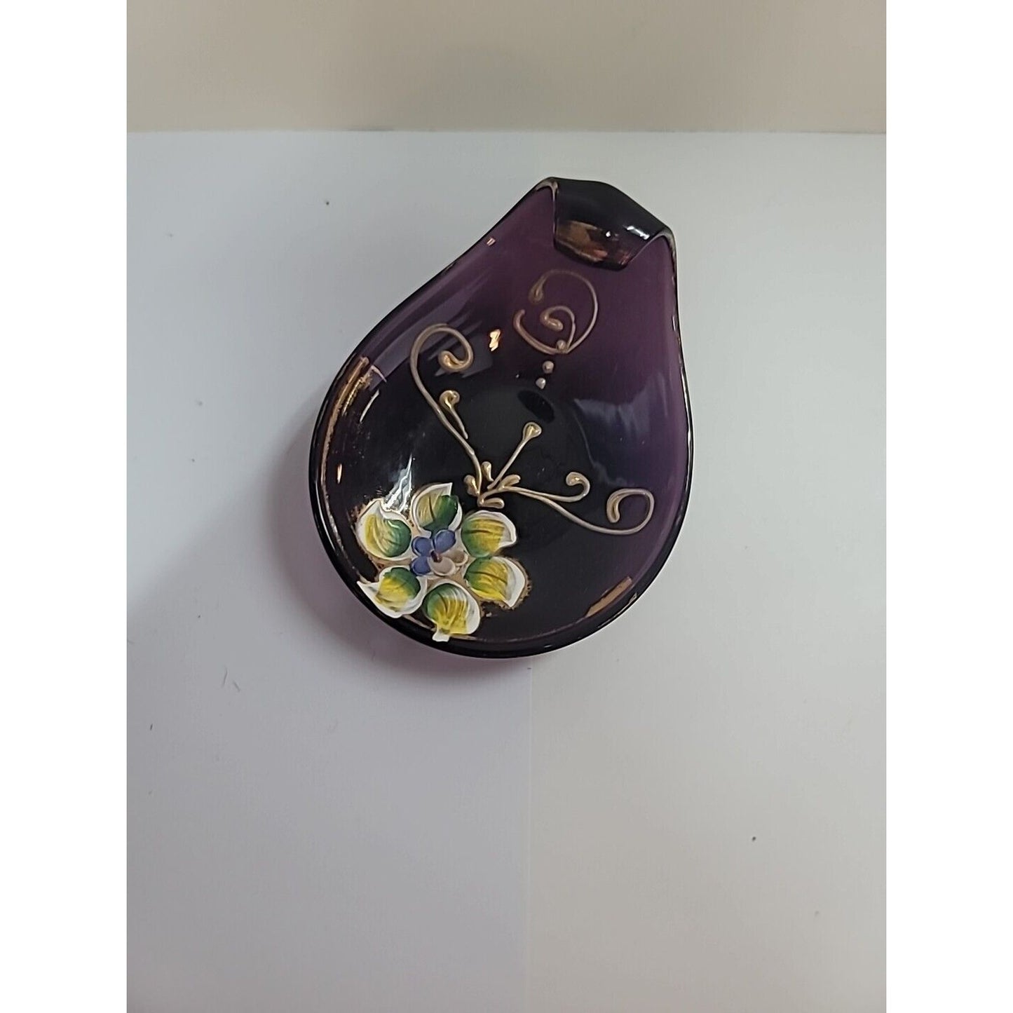 Vintage Italian Murano Glass FLORENTINE handpainted gold PURPLE TRINKET Dish