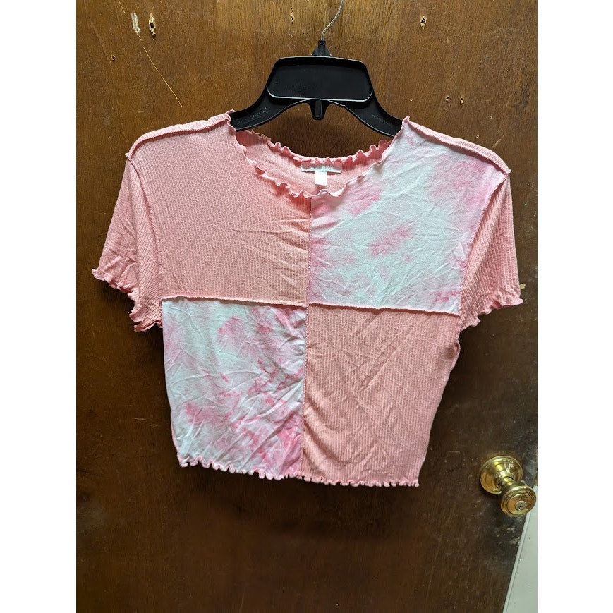 NEW Abound pink crop top lettuce edge short sleeve Size Large Tshirt