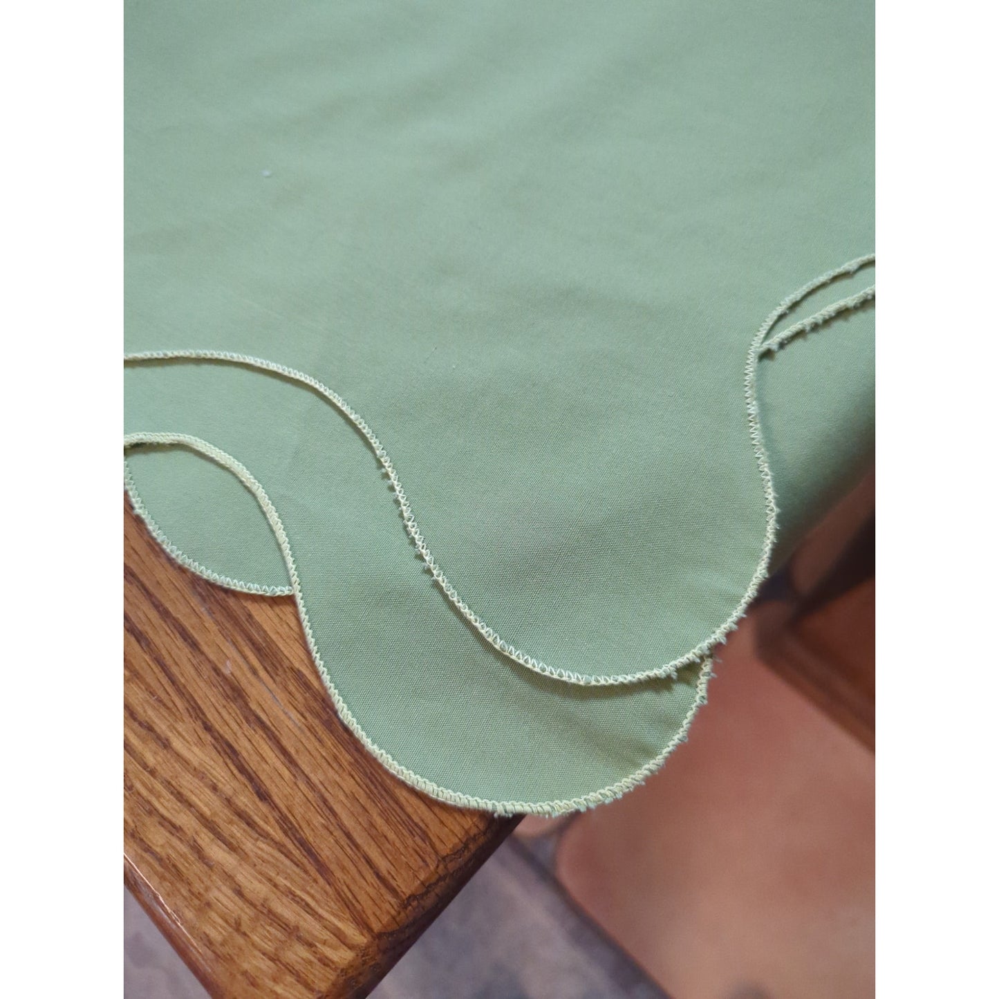 Vintage 1970s Avocado Green Rectangular Tablecloth with Scalloped Edge