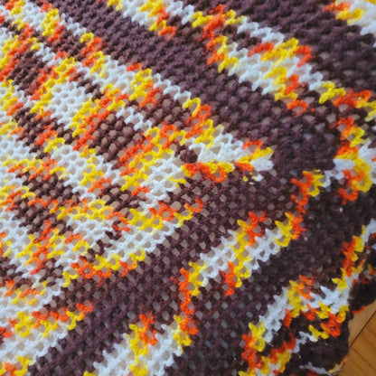 Handmade crocheted 70s coverlet yellow brown white orange Queen / Full blanket